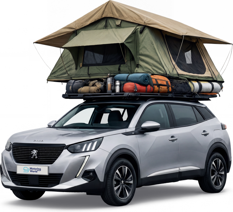 Peugeot 2008 loaded with camping gear and a roof tent